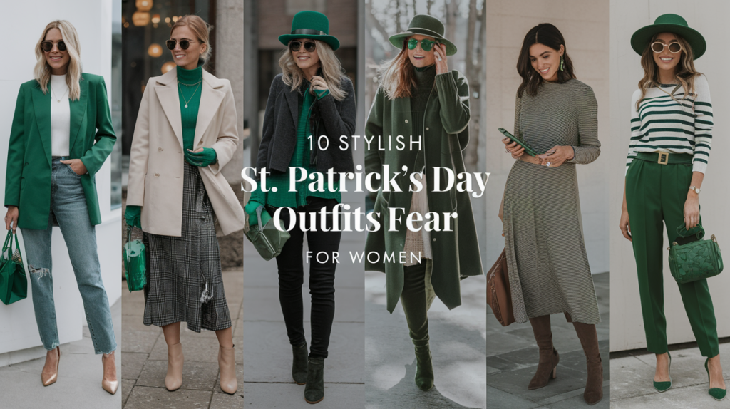 A photo of a blog post titled "10 Stylish St. Patrick's Day Outfits for Women". The post features 10 different outfit ideas for women to wear on St. Patrick's Day. The outfits include a variety of styles, from casual to formal, and incorporate green and gold accessories to celebrate the holiday.