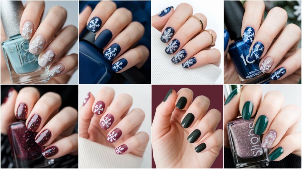 10 creative winter nail ideas to try this season. 1. Glittery white snowflake nails with a dark blue background. 2. Dark blue nails with white snowflakes and a glittery topcoat. 3. Black nails with a glittery topcoat and white snowflakes. 4. Dark purple nails with white snowflakes and a glittery topcoat. 5. Light blue nails with a dark blue background and white snowflakes. 6. Red nails with a glittery topcoat and white snowflakes. 7. Dark grey nails with a glittery topcoat and white snowflakes. 8. Light pink nails with a dark pink background and white snowflakes. 9. Dark green nails with a glittery topcoat and white snowflakes. 10. Dark orange nails with a glittery topcoat and white snowflakes.