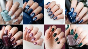 10 creative winter nail ideas to try this season. 1. Glittery white snowflake nails with a dark blue background. 2. Dark blue nails with white snowflakes and a glittery topcoat. 3. Black nails with a glittery topcoat and white snowflakes. 4. Dark purple nails with white snowflakes and a glittery topcoat. 5. Light blue nails with a dark blue background and white snowflakes. 6. Red nails with a glittery topcoat and white snowflakes. 7. Dark grey nails with a glittery topcoat and white snowflakes. 8. Light pink nails with a dark pink background and white snowflakes. 9. Dark green nails with a glittery topcoat and white snowflakes. 10. Dark orange nails with a glittery topcoat and white snowflakes.