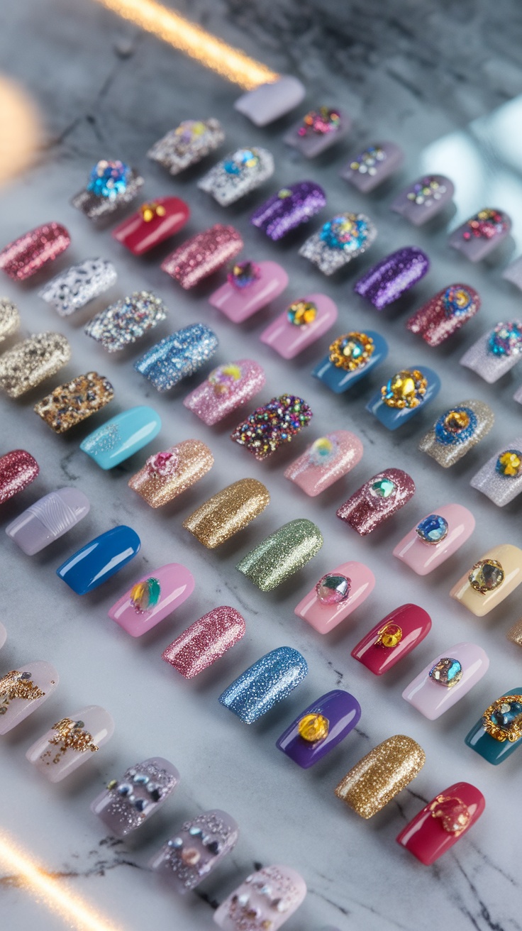 Various nail designs featuring 3D embellishments like gems and glitter, arranged in a colorful display.