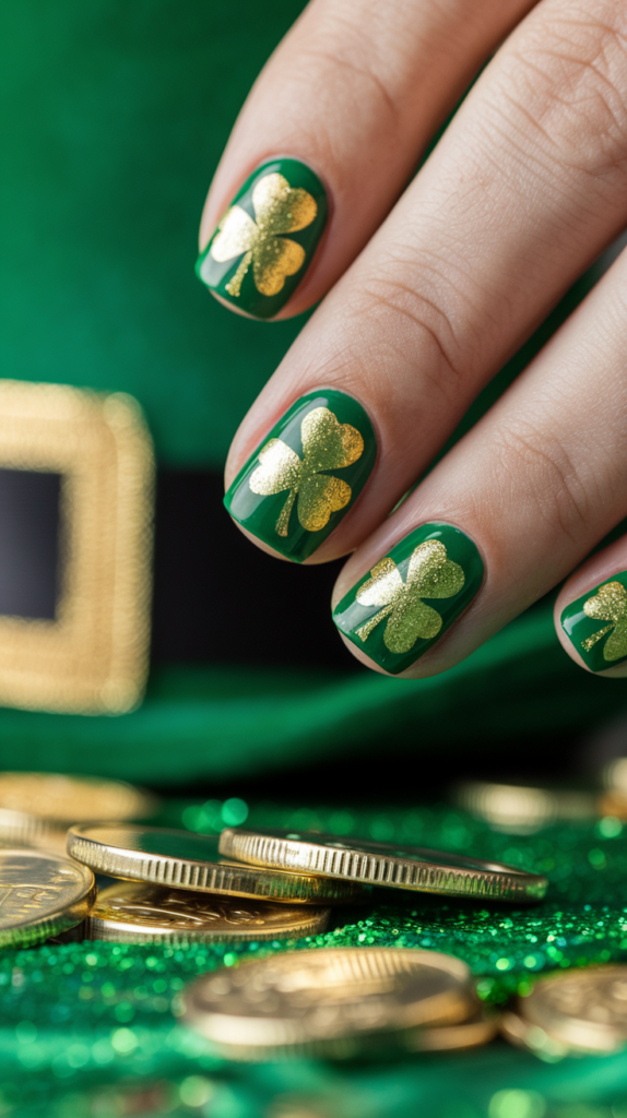 A close-up shot of a hand with nail art. The nails have a green and gold shamrock design. There are also golden coins scattered across the nails. The background is blurred and contains a green leprechaun hat and a gold coin. The lighting is soft.