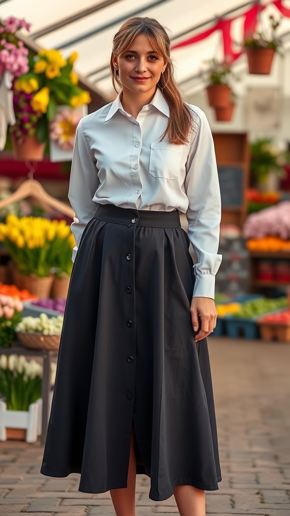 Woman in a black A-line skirt and a white button-up shirt, standing in a floral market.