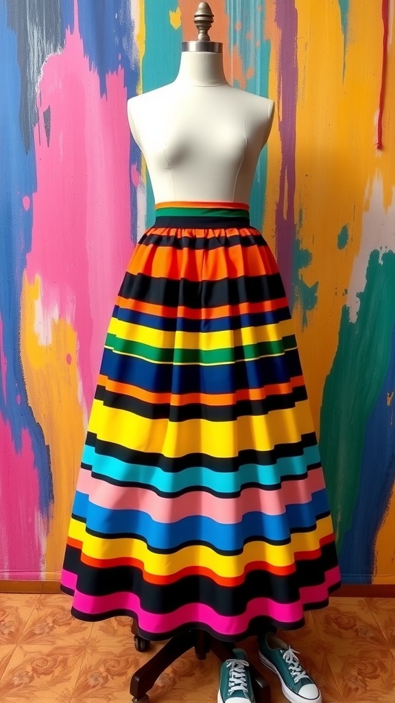 A colorful A-line skirt with stripes on a mannequin