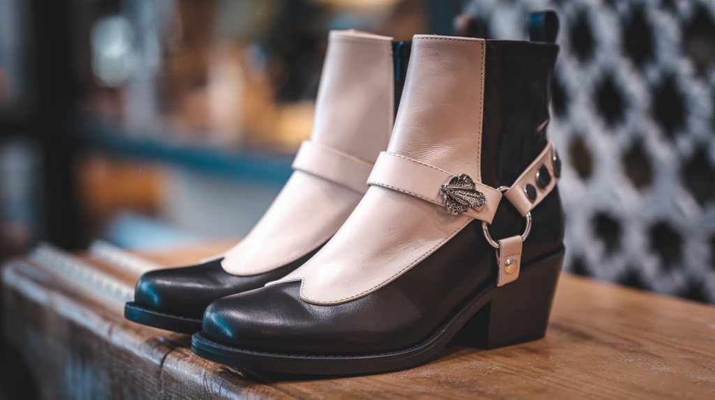 A medium shot of a pair of trendy fashion boots. The boots have a black body, a beige or light brown front, a silver buckle strap, and a short heel. The boots are placed on a wooden surface. There is a blurred background with a pattern.