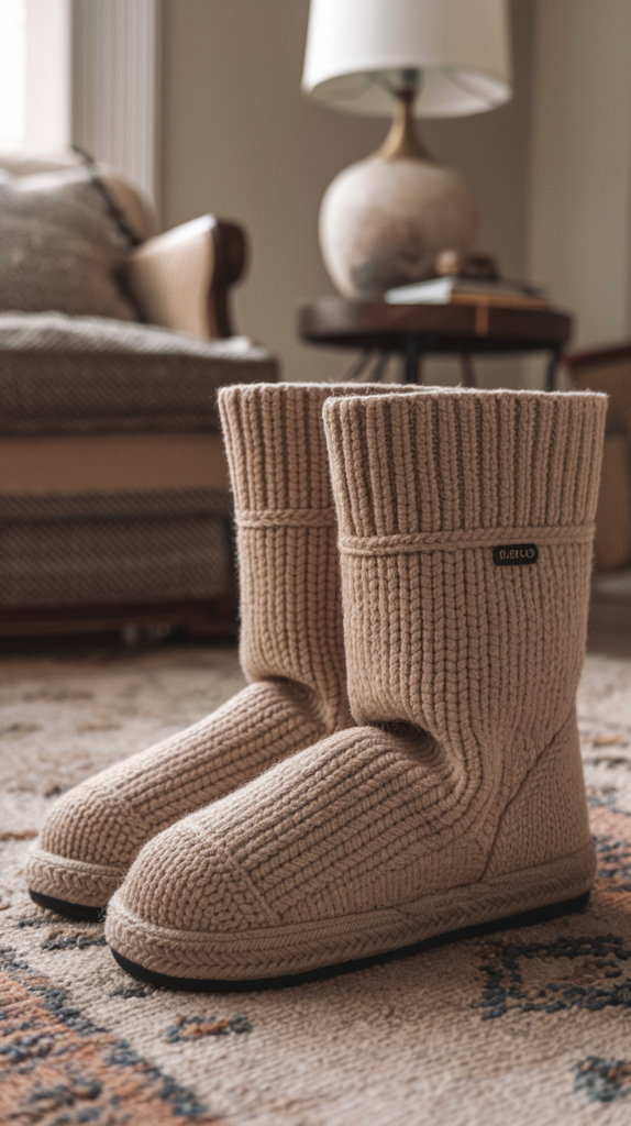 A pair of soft knit winter booties with a round toe. The booties are made of a thick, warm material and have a ribbed design. They are beige in color and have a small logo on the side. The background is a cozy living room with a rug, a chair, and a lamp.