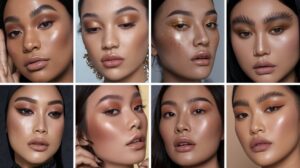 A photo of 10 stunning natural makeup ideas for Asian women. The makeup looks include various shades of brown eyeshadow, beige and brown eyeshadows with a gold or copper shimmer, nude lips, and well-defined eyebrows.