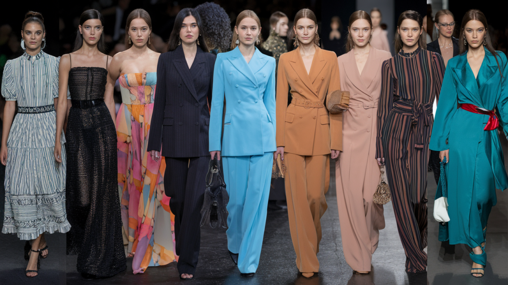 A photo of 30 chic fashion ideas for women to elevate their style. The photo is of a fashion show runway. There are models wearing various outfits, including dresses, suits, and jumpsuits. Each outfit is different, with unique patterns, colours, and styles. The background is dark.