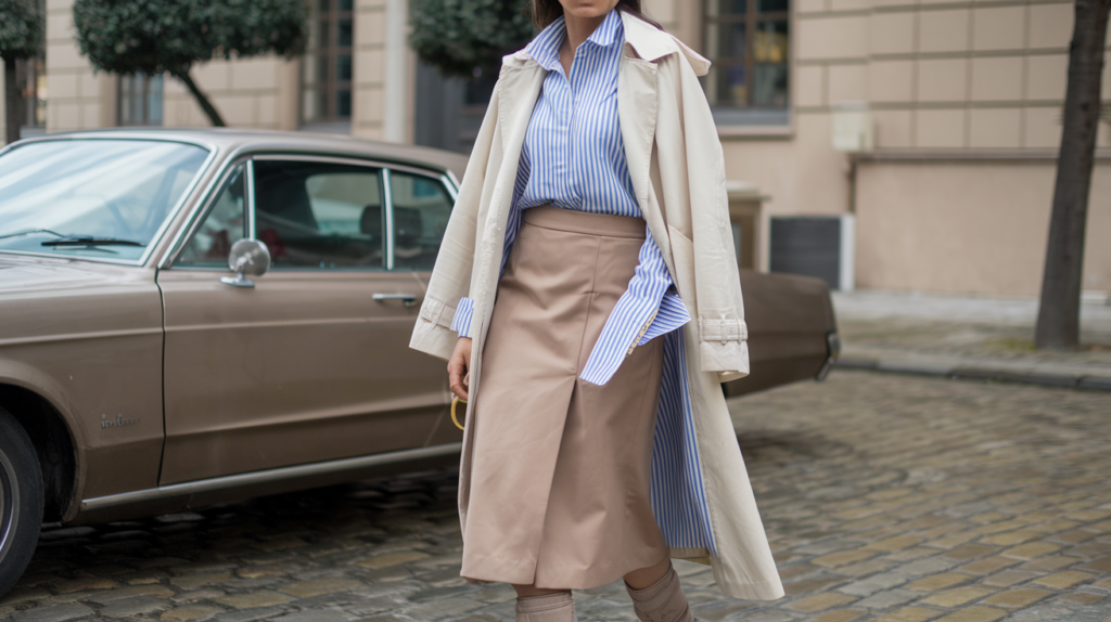 A photo of a chic fashion outfit. A woman is wearing a beige trench coat over a blue and white striped shirt. She is also wearing a beige skirt and a pair of beige boots. The woman is standing on a cobblestone street. There is a vintage car parked beside her. The background contains a building with a beige facade and a few trees.