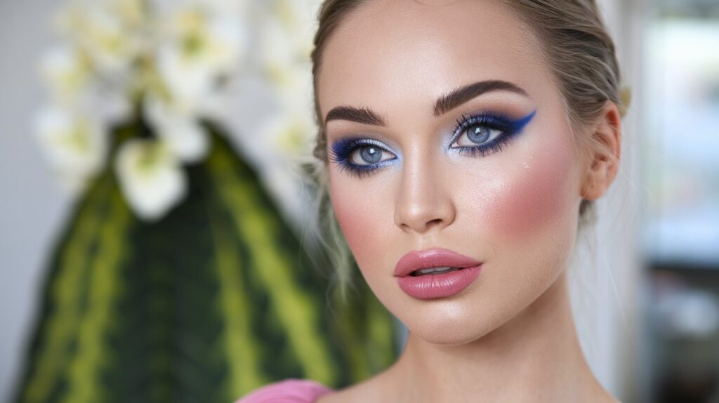 A photo of a stunning woman with blue eyes wearing makeup. She has blue eyeshadow and eyeliner, and her eyelashes are curled. Her blue eyes stand out against her fair skin. She has a pink blush on her cheeks and a pink lipstick on her lips. Her eyebrows are well-groomed. The background is blurred and contains a green plant with white flowers.