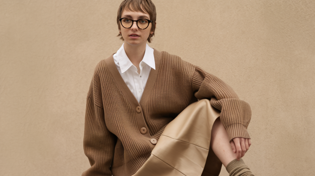 A photo of a woman in her 20s wearing a fashion outfit. She has short brown hair and wears glasses. She is wearing a beige cardigan over a white shirt. The cardigan has a V-neck and is buttoned up. She wears a beige skirt and beige socks. The background is a beige wall.