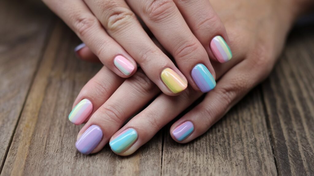 A photo of a woman's hand with short nails. The nails have a pastel rainbow design with each nail having a different color. The nails are painted with a glossy finish. The hands are placed on a wooden background. The lighting is soft.