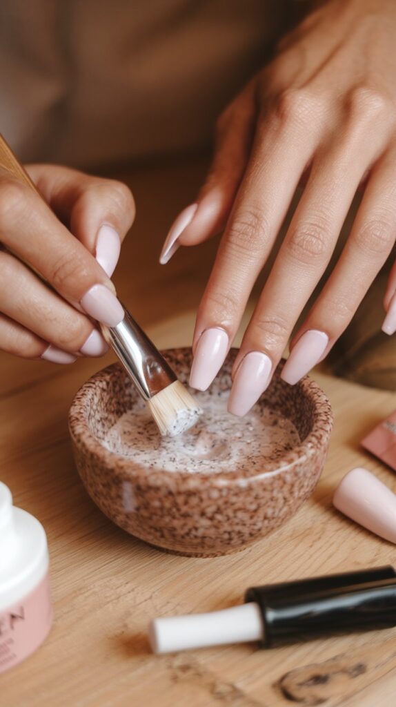 A photo of a woman's hands with long nails. She is gently exfoliating her nails with a scrub. The scrub is in a small bowl and is being applied to the nails with a brush. The background is a wooden surface. There are various nail care products around the bowl. The overall image has a warm hue.