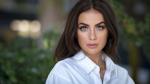 A photo of a woman with stunning blue eyes. She has dark brown hair and is wearing a white shirt. The background is blurred and contains greenery. The lighting is soft.