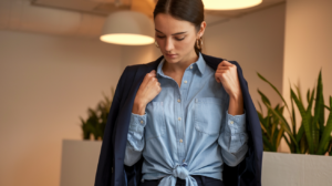 A professional photo of a woman in a birthday outfit. She is wearing a light blue chambray shirt with a button-up collar and a navy blue blazer. She has tied the shirt around her waist. The woman is in a professional setting, possibly a modern office with a minimalist design. The background is neutral, with beige walls and a few plants. The lighting is warm.