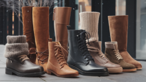 A stylish and modern composition of a diverse selection of women's winter fashion boots. The image showcases an array of boot styles, including knee-high, ankle, and lace-up boots, each with a neutral or earthy tone such as brown, black, or gray. Some boots have a cozy wool knit. A few snowflakes are visible in the background. The setting is a chic urban street with a few trees and a building in the background.