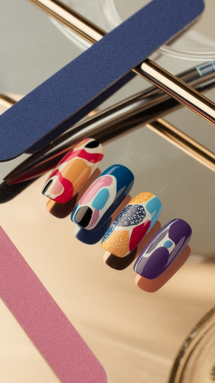 Colorful abstract nail designs displayed on false nails with nail files in the background