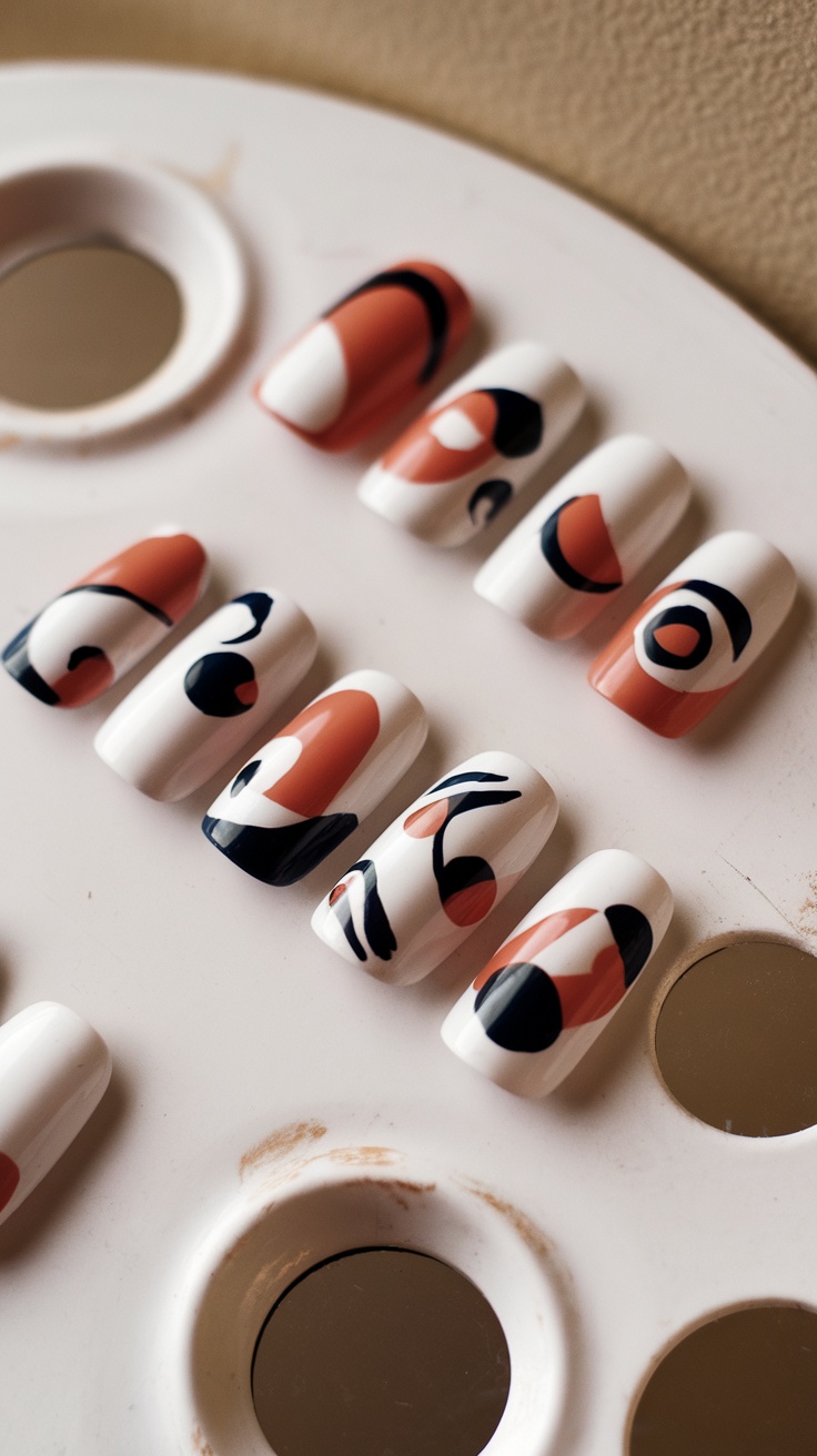 Nail art with abstract white designs and colorful patterns on a palette