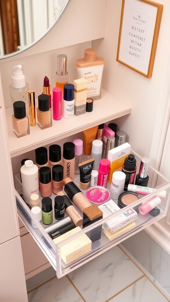 Acrylic drawer organizer filled with various makeup products