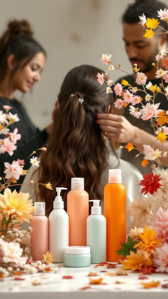 Stylists working on a woman's hair with various hair care products displayed