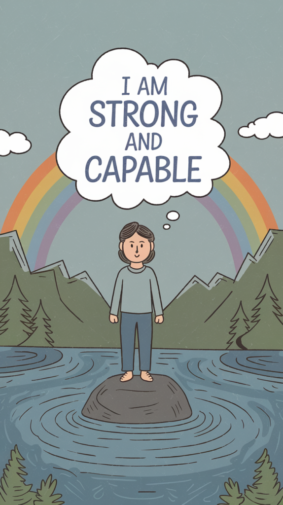 An illustration of a person with a thought bubble containing the text "I am strong and capable". The person is standing on a rock surrounded by water. There is a rainbow in the sky behind the person. The background contains mountains and trees.