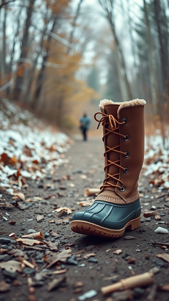 A close-up of stylish duck boots on a snowy trail with a person walking in the background.