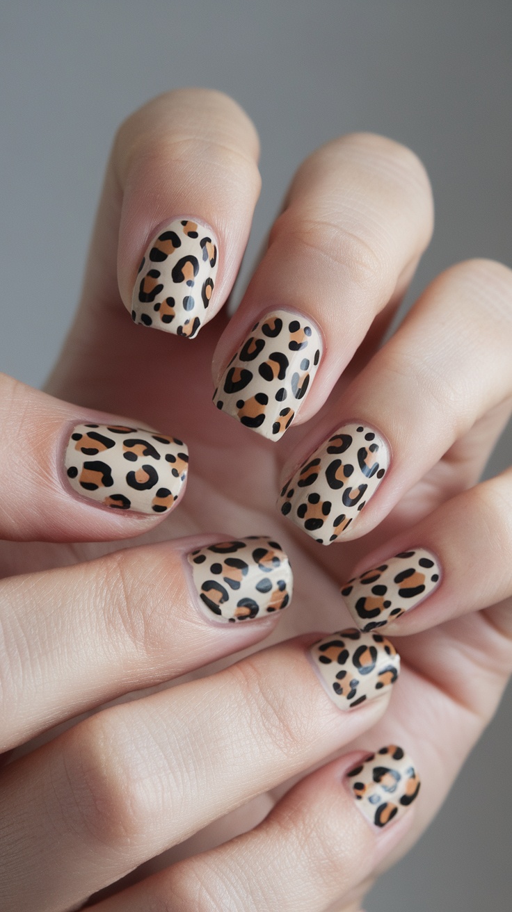 Nails with leopard print design in beige, black, and brown colors.