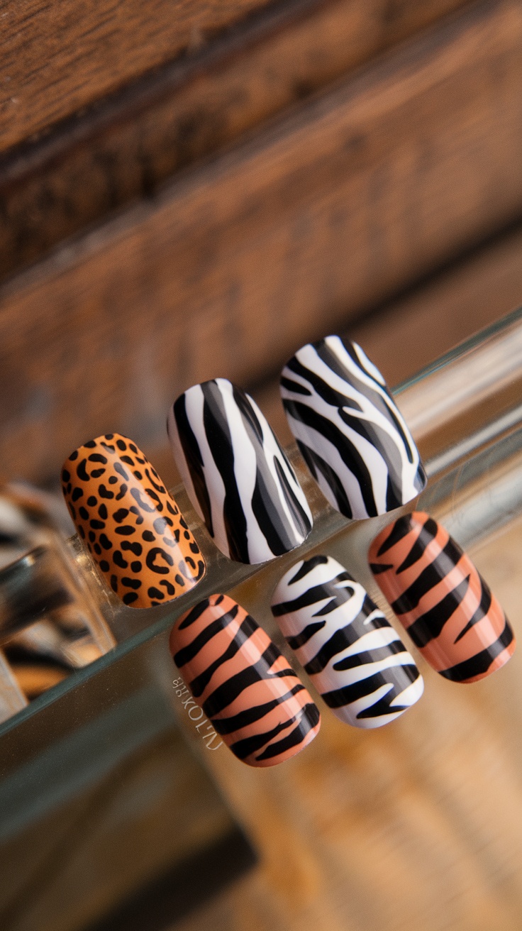 A collection of animal print inspired nail designs including leopard spots, zebra stripes, and tiger stripes.