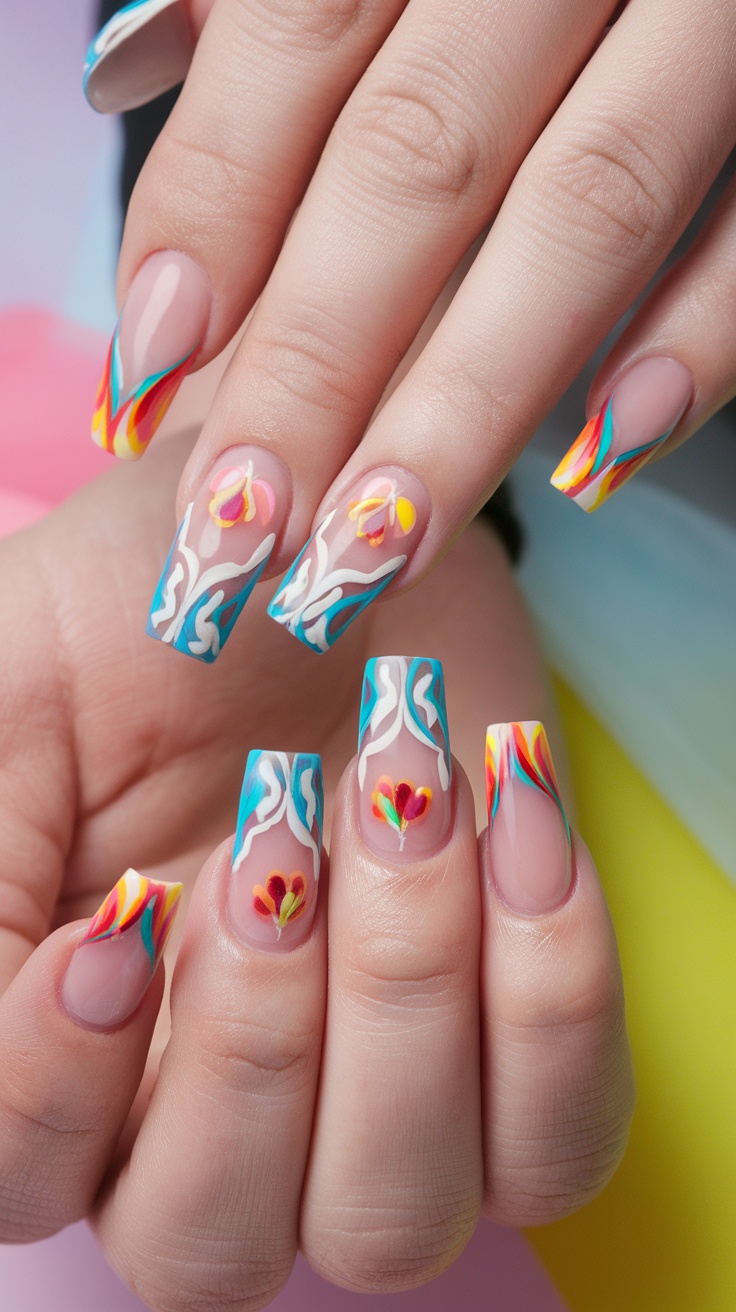 Colorful artistic French tip nails with floral patterns and wavy designs