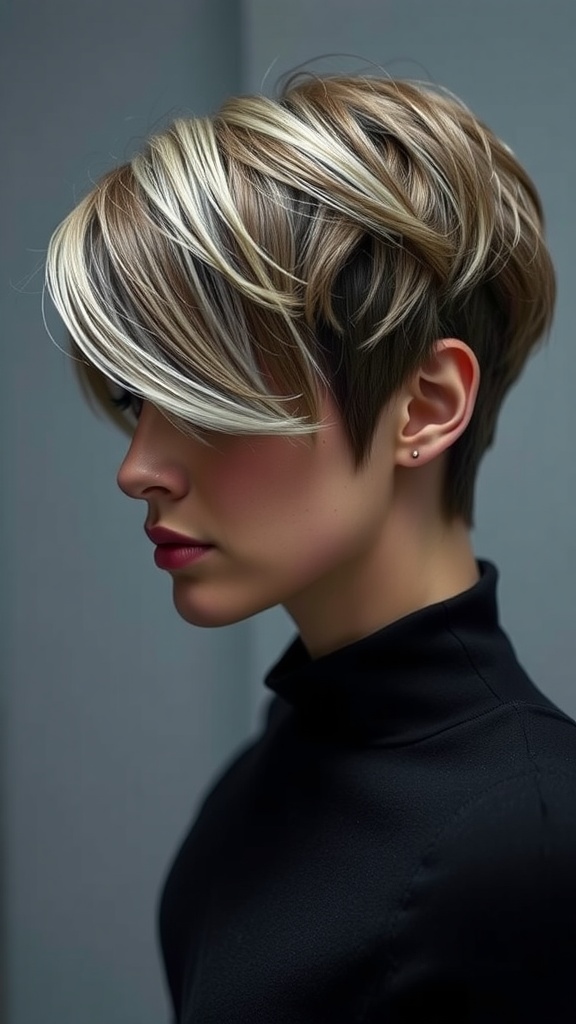 A stylish short hairstyle featuring ash brown color with silver lowlights