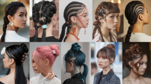 A collection of 10 stunning hair ideas for Asian women. There are various hairstyles, including braids, twists, buns, and ponytails. Some hairstyles incorporate traditional Asian elements, such as beads and accessories. The hair colors range from natural black to vibrant colors like pink and blue. The background is a blurred-out setting with soft lighting.