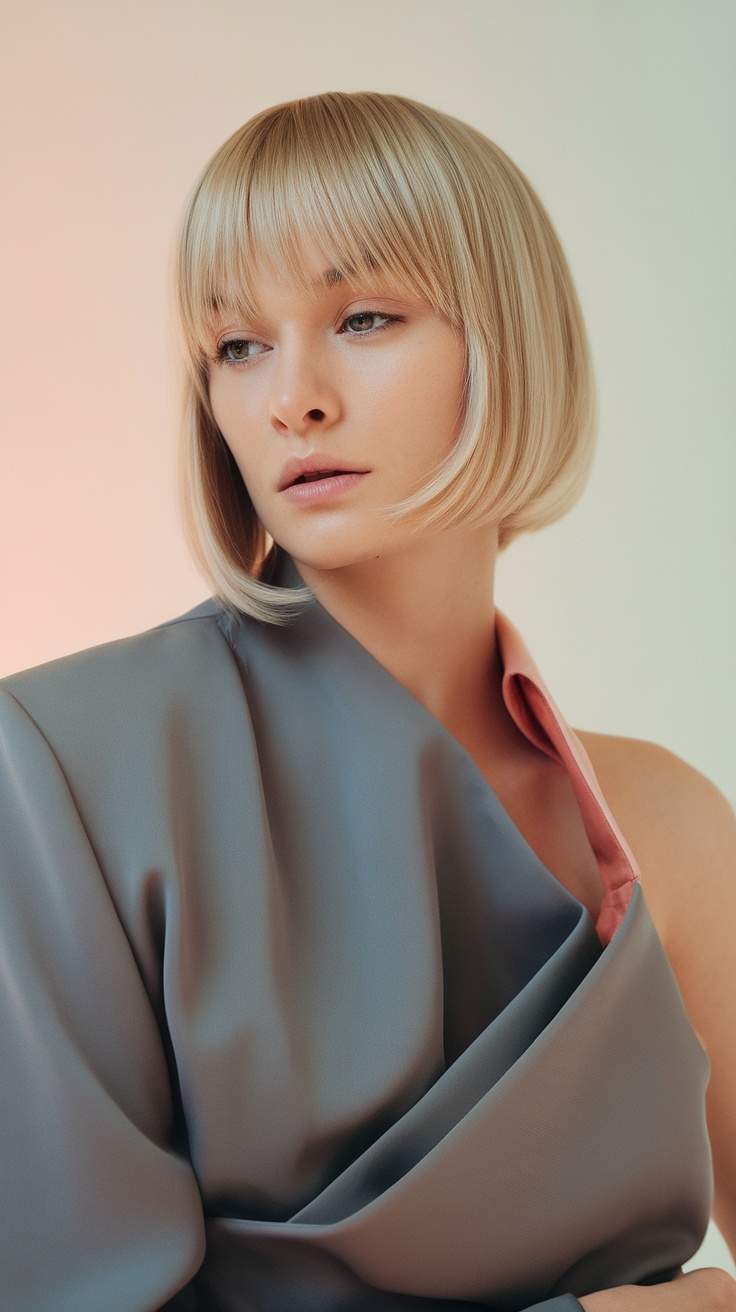 A model showcasing an asymmetrical bob with micro bangs, highlighting a modern and chic hairstyle.