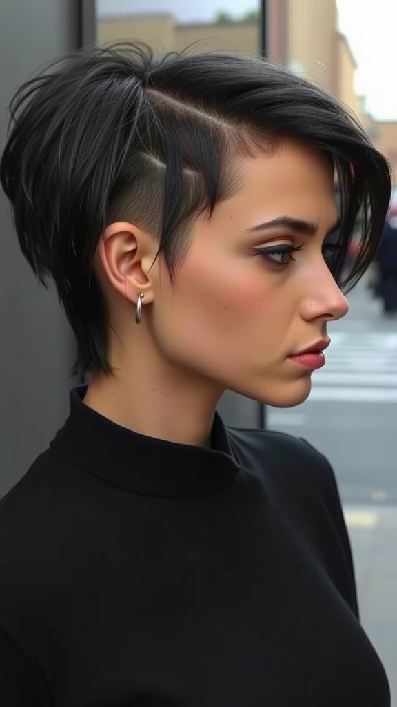 A woman with an asymmetrical bob hairstyle featuring an undercut, wearing a black top and showcasing bold makeup.