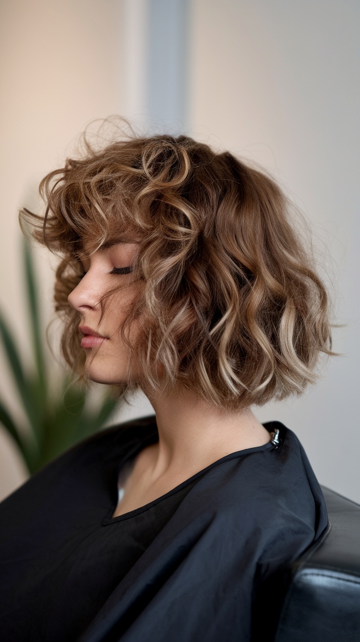 A woman with asymmetrical curly hair, looking stylish and modern.