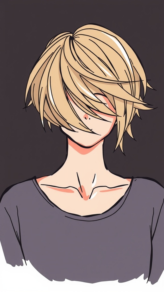 Drawing of a character with asymmetrical cut blonde hair styled with soft layers