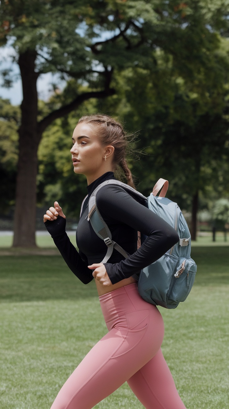 Woman jogging in a black long-sleeve top and pink leggings with a blue backpack in a park.