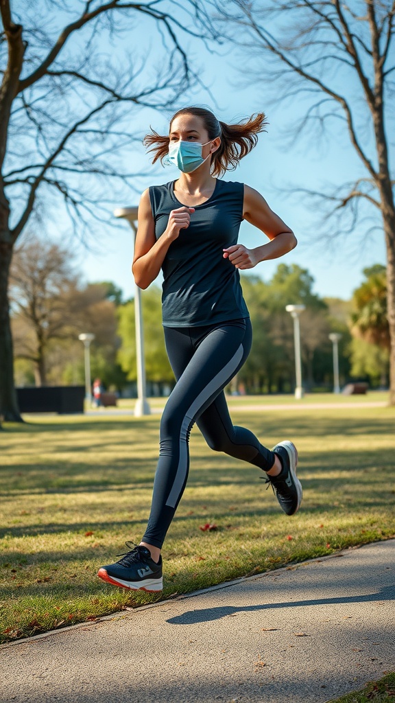 A woman jogging in a park wearing a tank top, leggings, and a mask.