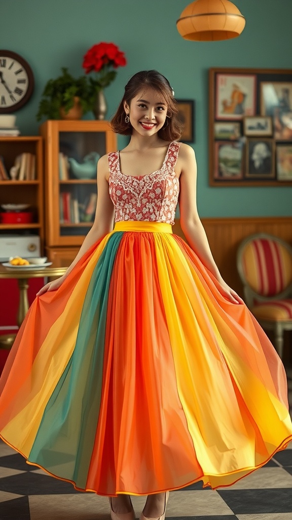 A colorful balloon skirt with various balloons, showcasing a retro vibe.