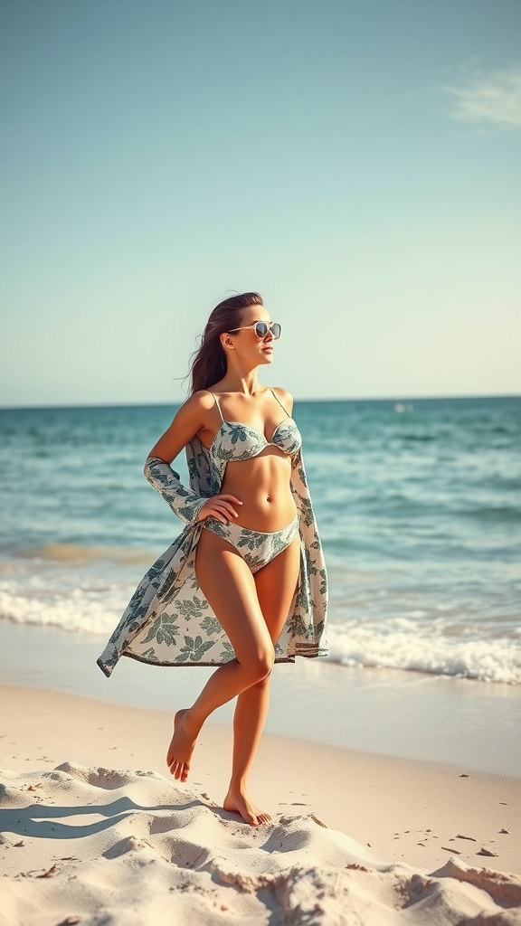 A woman in a stylish bikini and cover-up walking on the beach with the ocean in the background.