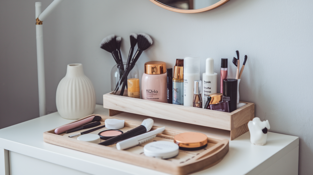 A blog post featured image with the text "10 Beauty Bar Ideas for Small Spaces". There are various beauty tools and products displayed on a wooden stand in a small room.