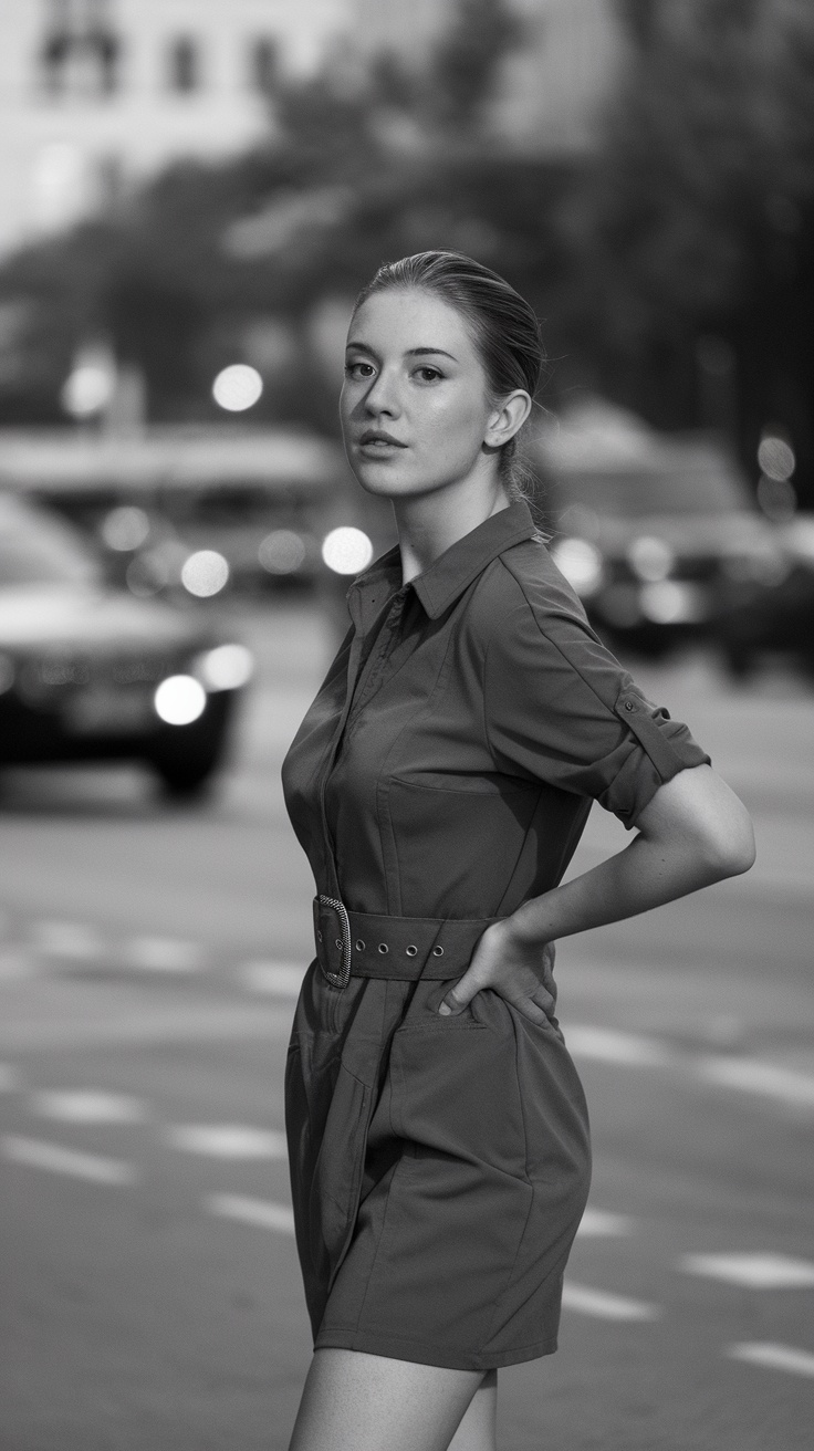 A model wearing a belted dress, standing confidently on a city street