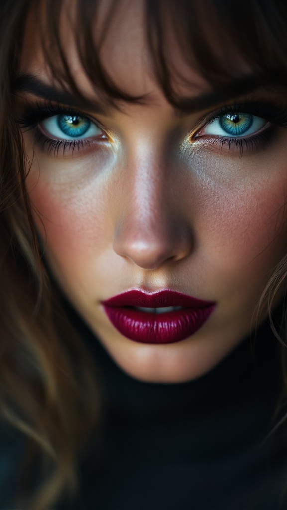 Model with blue eyes and berry bold lips, showcasing a stunning makeup look.