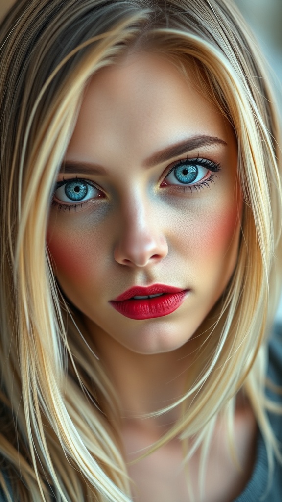 A close-up of a woman with blue eyes and blonde hair, showcasing berry-toned lip and cheek makeup.