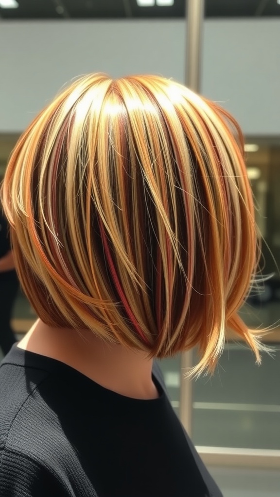 A bob haircut featuring warm blonde highlights and darker lowlights, showcasing texture and dimension.