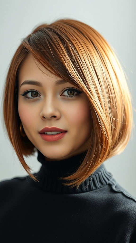 A woman with a bob haircut featuring side-swept bangs, wearing a black turtleneck sweater.