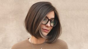 A photo of a woman with a bob haircut. She has dark brown hair and is wearing glasses. She has a side part and her hair is slightly layered. The haircut is medium length, reaching her shoulders. The woman is wearing a beige sweater and a necklace. The background is a beige wall.