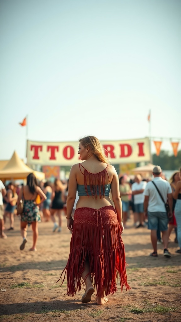 A woman wearing a bohemian-inspired maxi skirt with fringe, walking in a festival crowd.