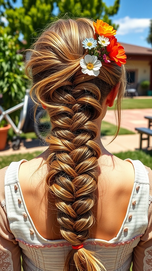 A woman with a bohemian fishtail braid adorned with colorful flowers in her hair.