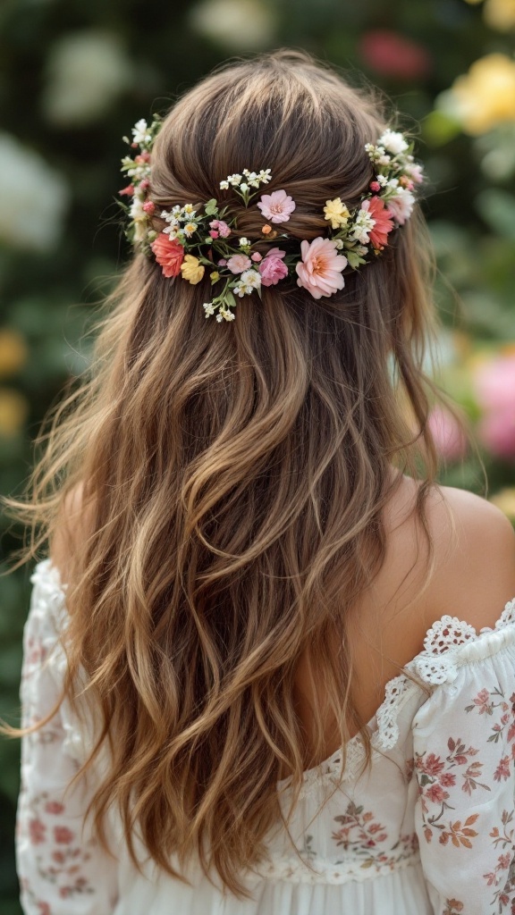 A woman with long, wavy hair styled in a bohemian half-up half-down hairstyle, adorned with colorful flowers.