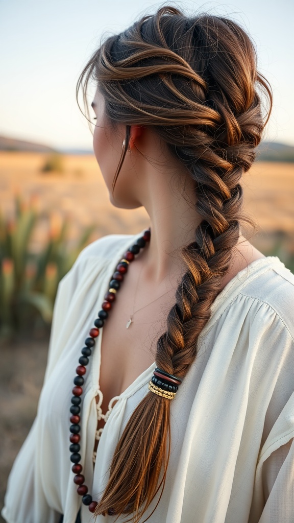 A woman with a loose braid hairstyle, wearing a light-colored top and beaded necklace, set in a natural outdoor background.