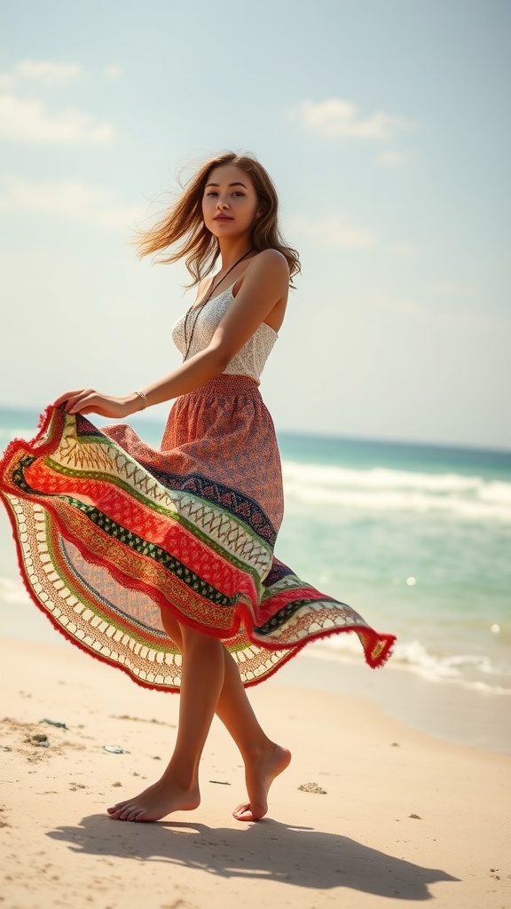 A woman in a flowy skirt standing on the beach